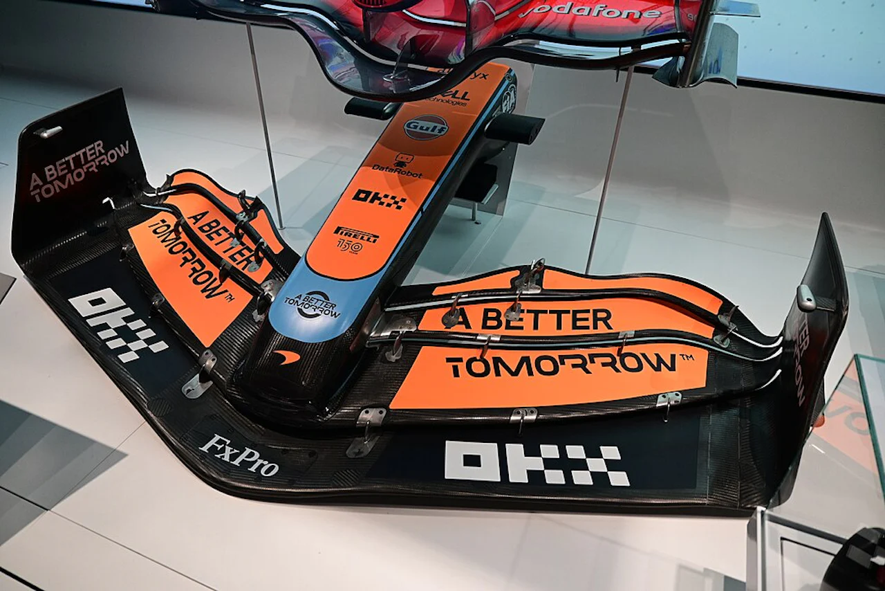 The front wing of a 2022 McLaren MCL36A at the Formula 1 Exhibition in London