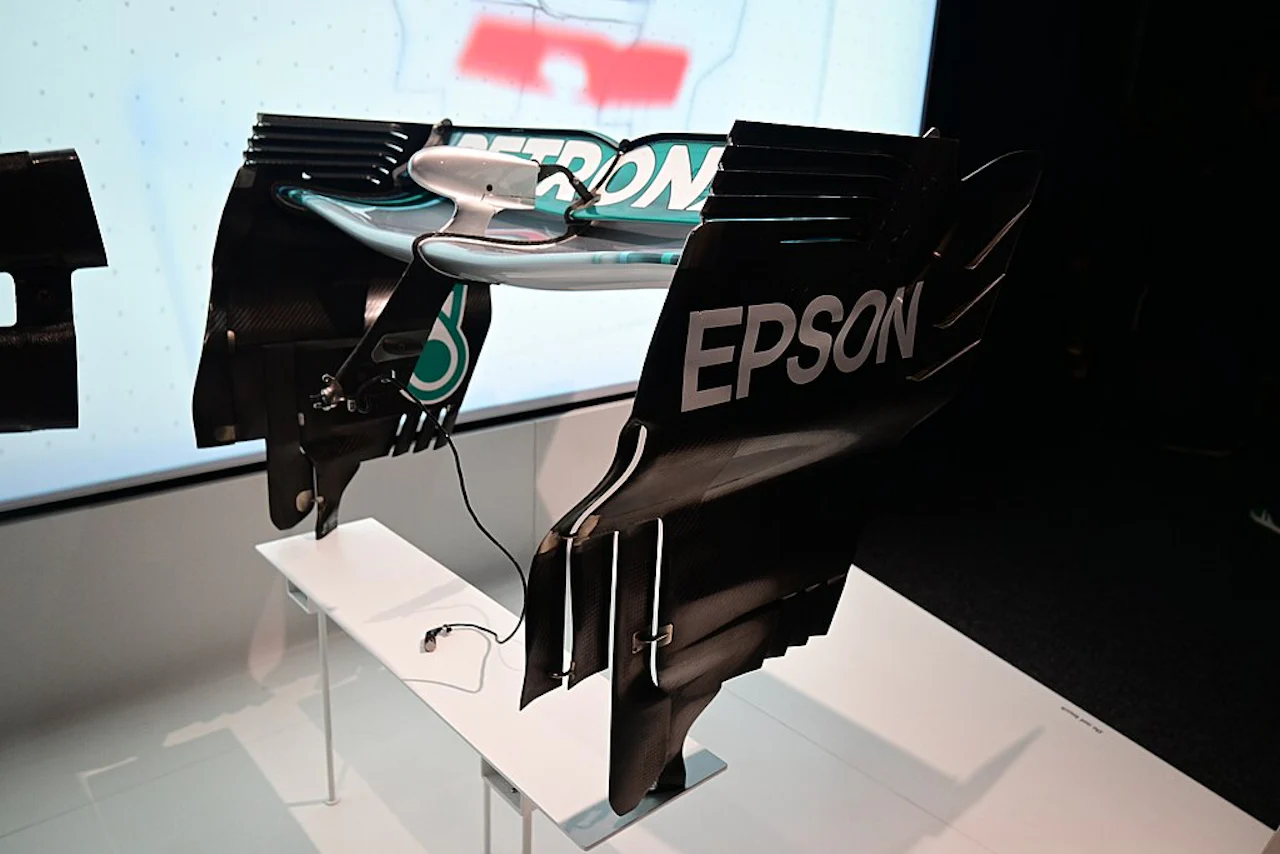 The DRS-equipped rear wing of a 2018 Mercedes AMG F1 W09 EQ Power+ at the Formula 1 Exhibition in London