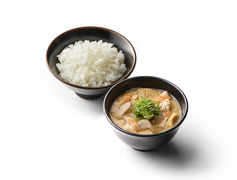 <p>豚汁ご飯セット</p><ul><li>豚汁</li><li>ご飯</li></ul>