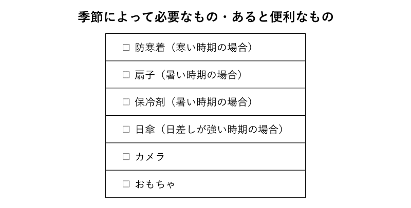 【季節によって必要なもの・あると便利なもの】防寒着（寒い時期の場合）、扇子（暑い時期の場合）、保冷剤（暑い時期の場合）、日傘（日差しが強い時期の場合）、カメラ、おもちゃ