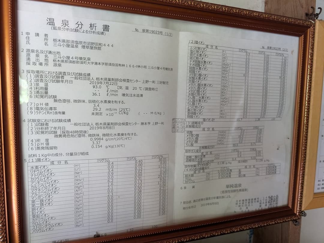 三斗小屋温泉　煙草屋旅館　秘湯　成分表