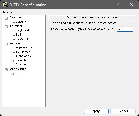 ssh:// リンククリックで開いたセッションの設定。0秒で設定されている