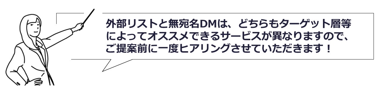 外部リストと無宛名DMは、どちらもターゲット層等によってお勧めできるサービスが異なりますので、ご提案前に一度ヒアリングさせていただきます!