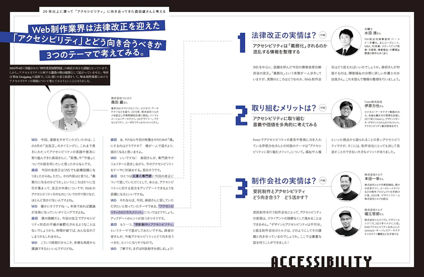 2024年4月18日発売のWeb Designing6月号の特集02「Webアクセシビリティ」誌面の導入見開き画像