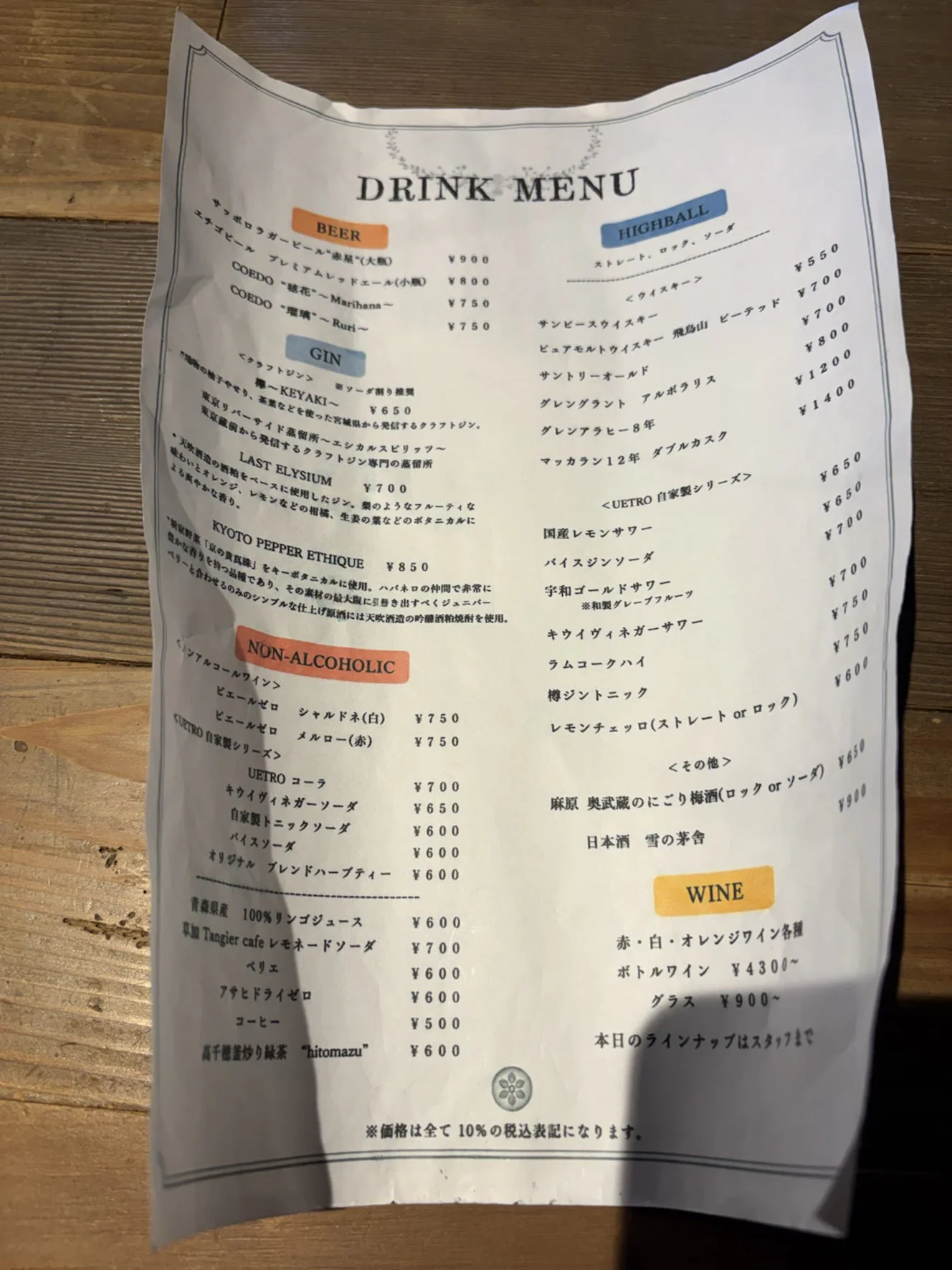uetro のドリンクメニュー。自家製シリーズのサワーやソーダ、ノンアルコールの飲み物が並ぶ
