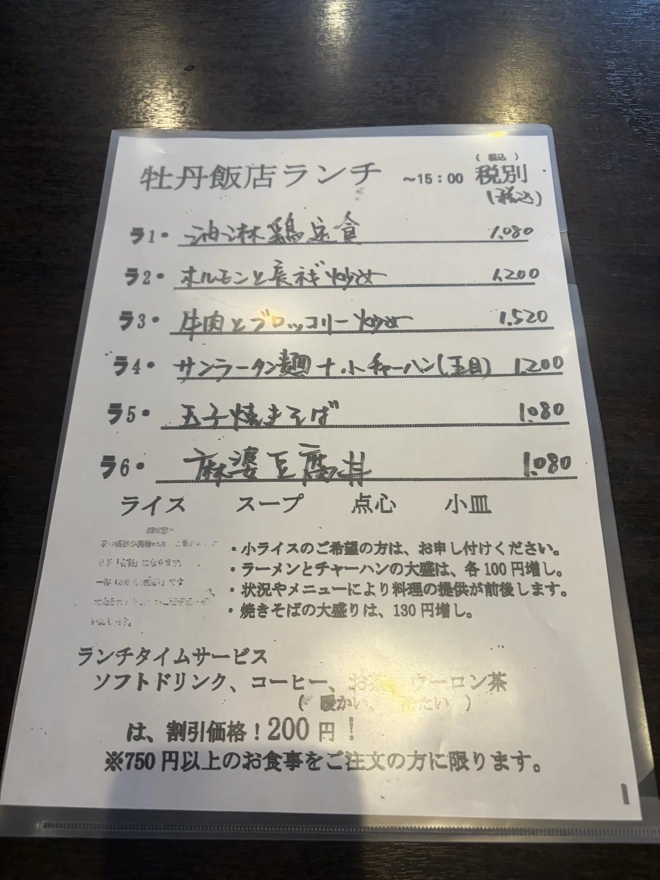 手書きのランチメニュー。ラ1からラ6までの6品と、ライス・スープ・点心・小皿の記載