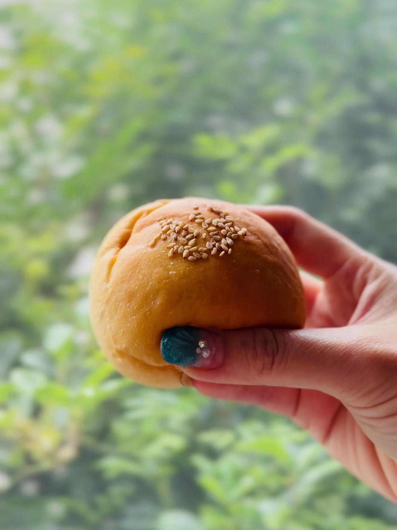 つぶあんぱん。上に白ごまがのっている