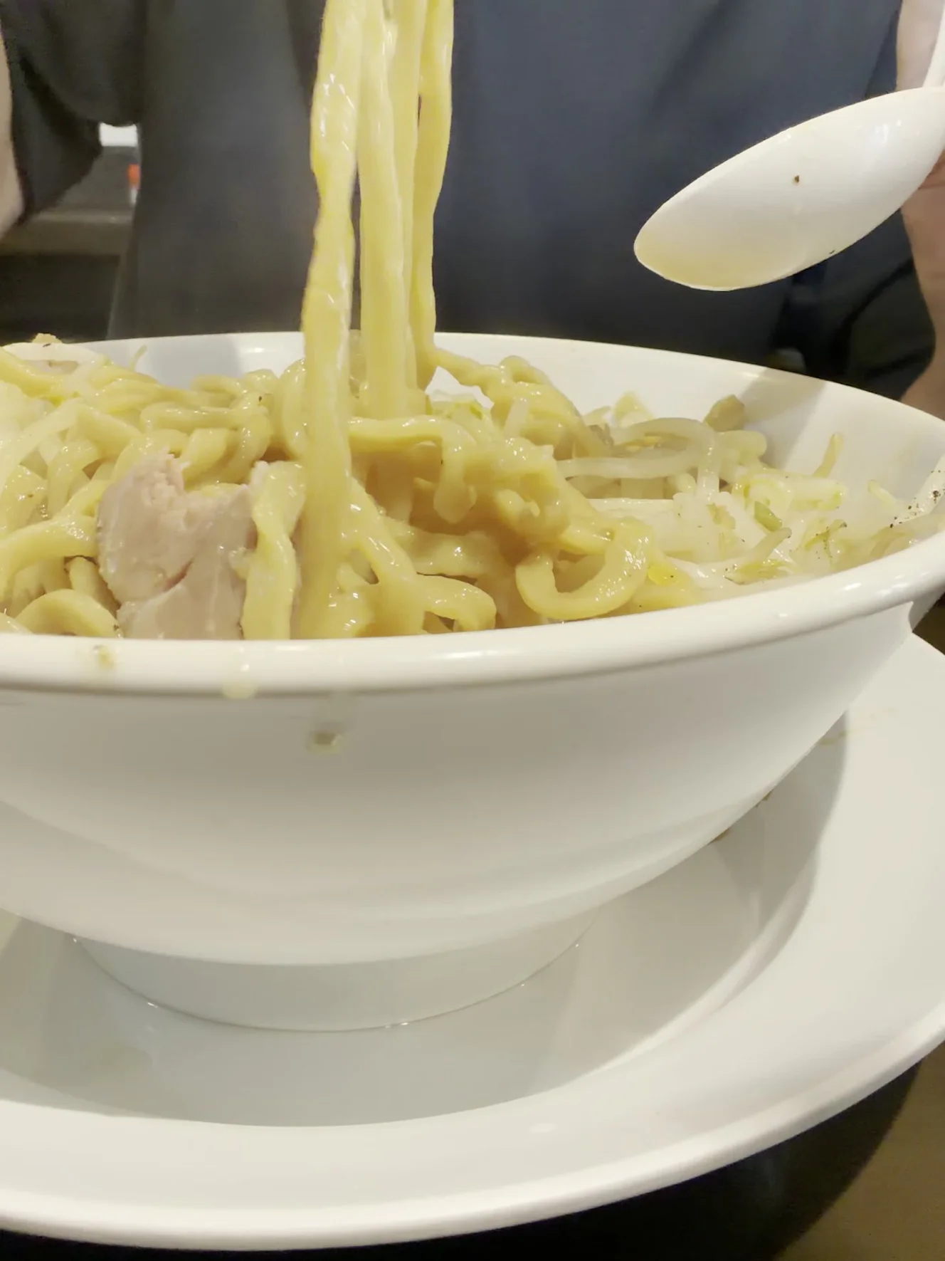 箸で持ち上げた麺。太めの縮れ麺にスープが絡み、丼の中にもやしとチャーシューの切れ端が見える