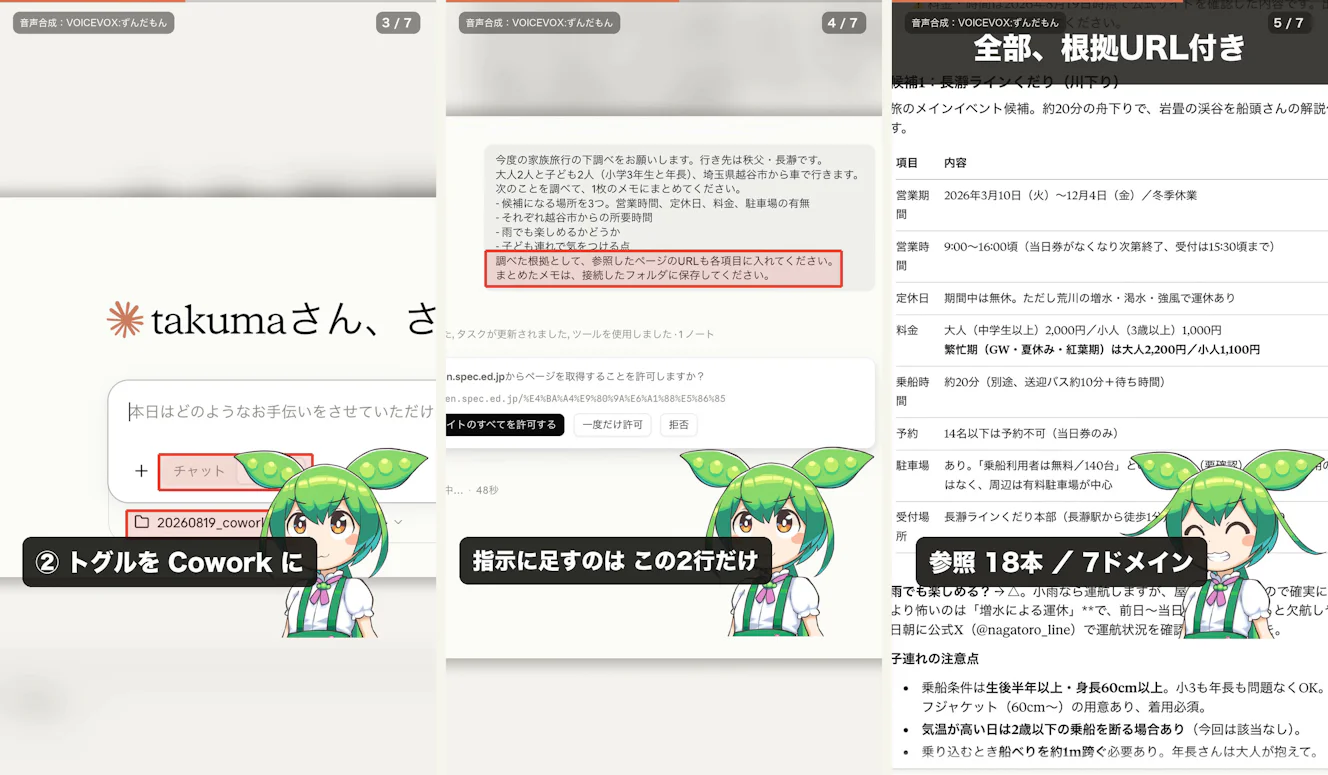 手順パートの3カット。アプリ画面を全画面で敷き、注目箇所に赤枠を描いてテロップを重ねている