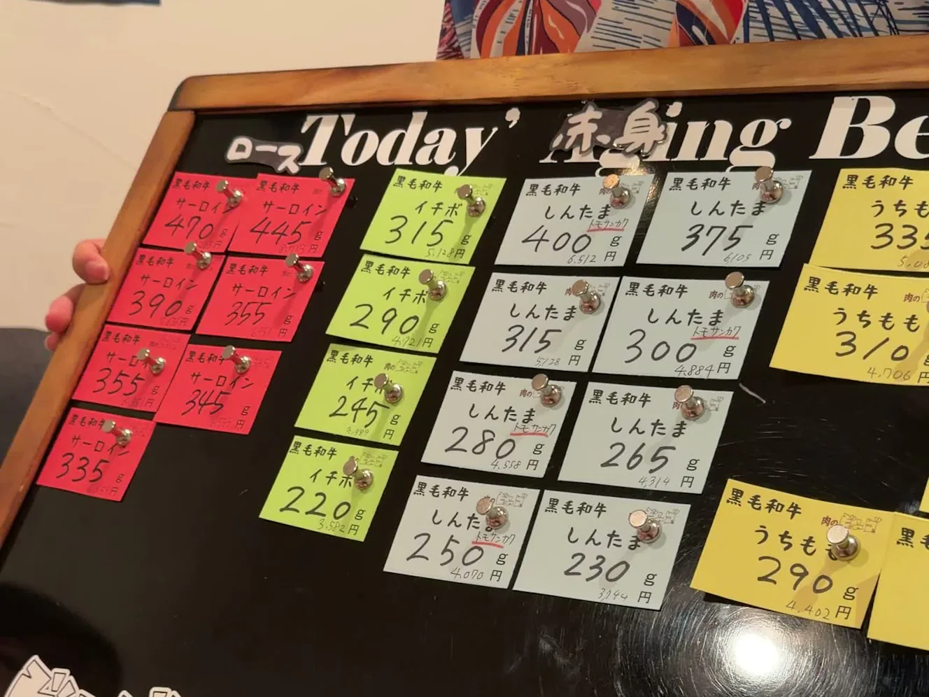 「Today's Aging Beef」の黒板。部位ごとに色分けされた札にグラム数と金額が書かれている
