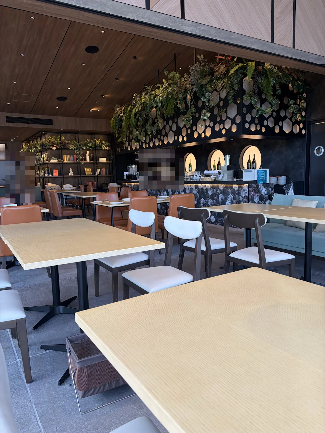 店内。木目のテーブルと白い椅子、奥にワインを飾ったカウンターと吊り下げの植物