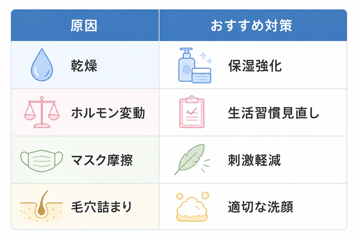 口マリのニキビの原因とオススメの対策表