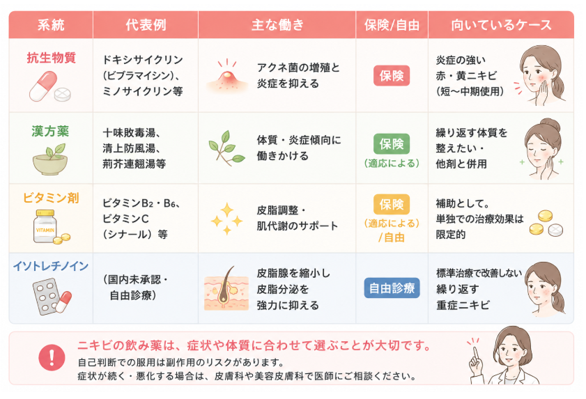 ニキビの飲み薬のタイプ別一覧表
