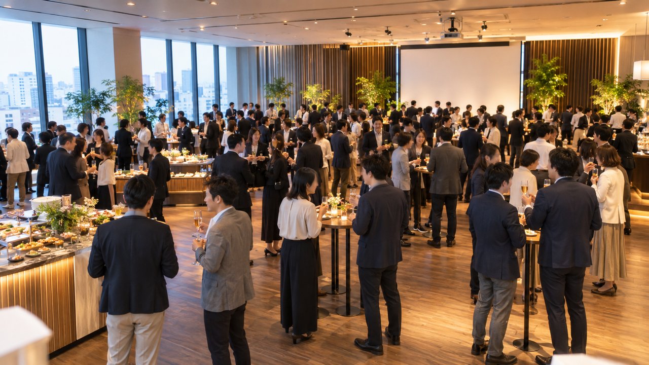 参加者が集まり賑わう社内イベントの会場
