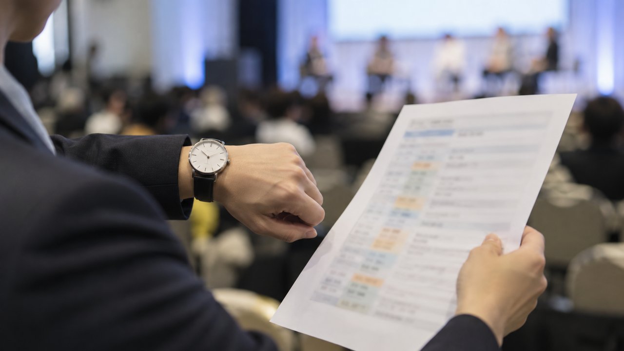 進行表を手に時間を確認する登壇者