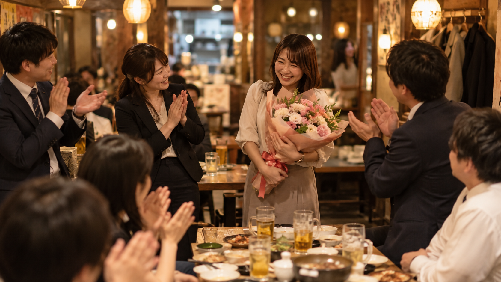 大阪の送別会会場で花束を贈呈する様子