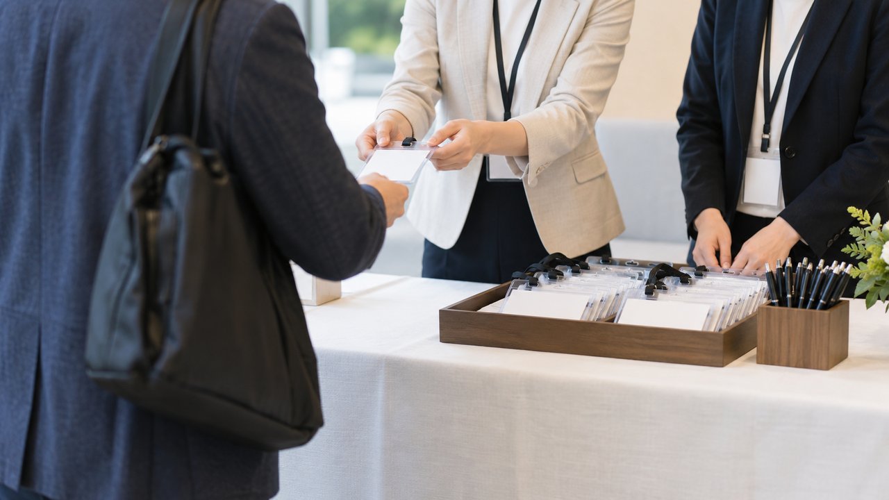 イベント受付で名札を受け取る参加者