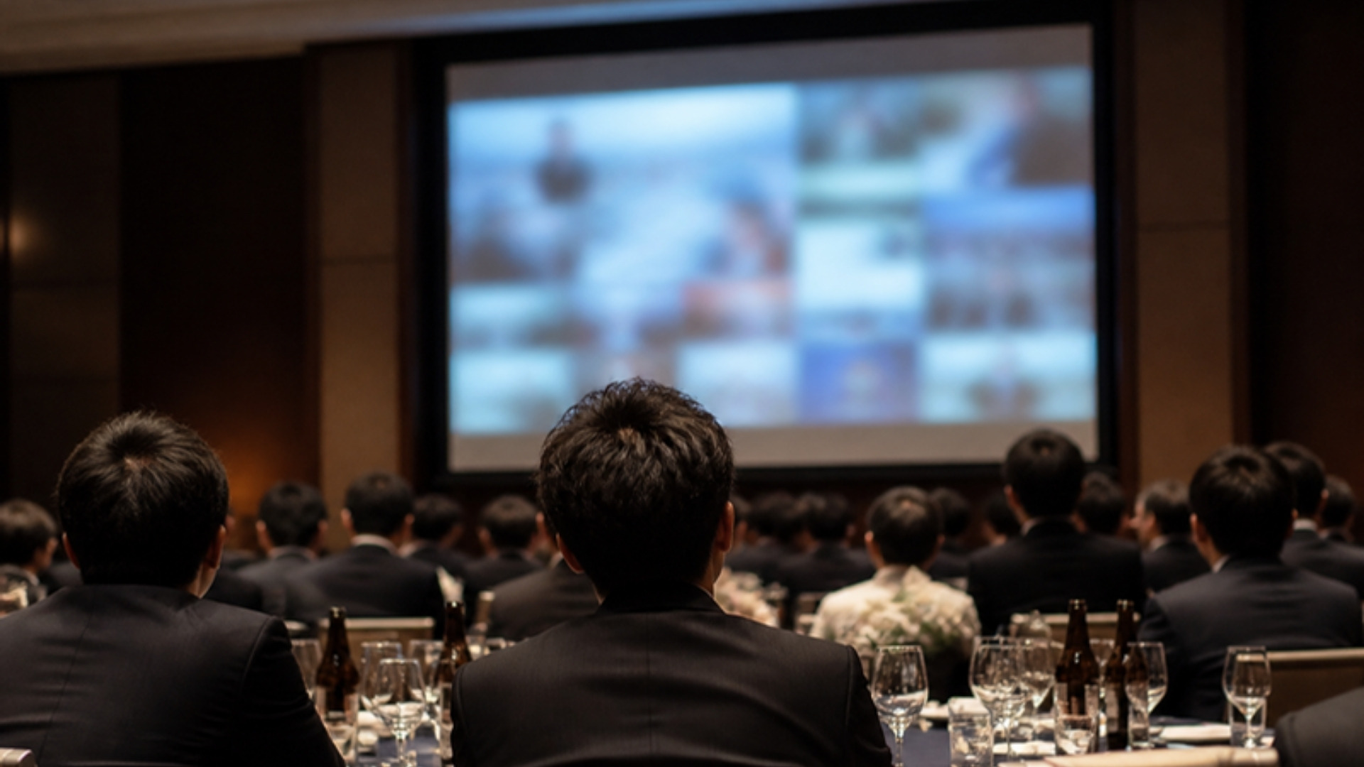 納会で1年の振り返りスライドを見る社員