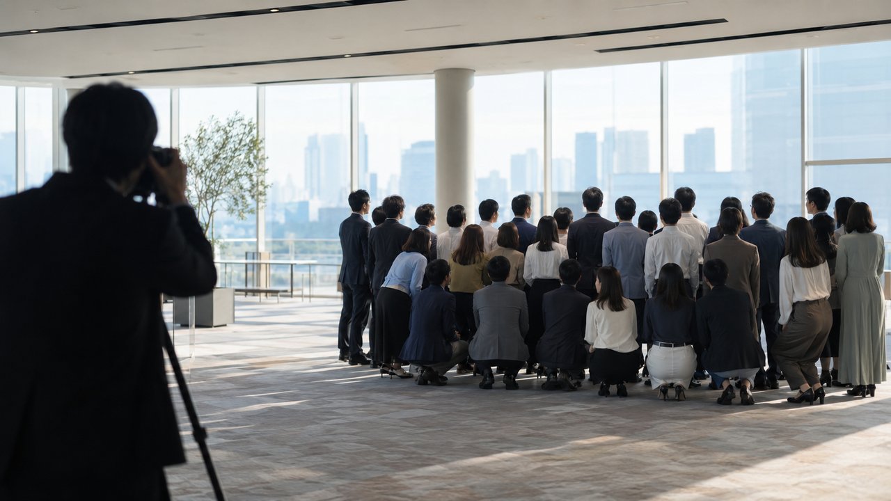 カメラマンが撮影する社内イベントの集合写真