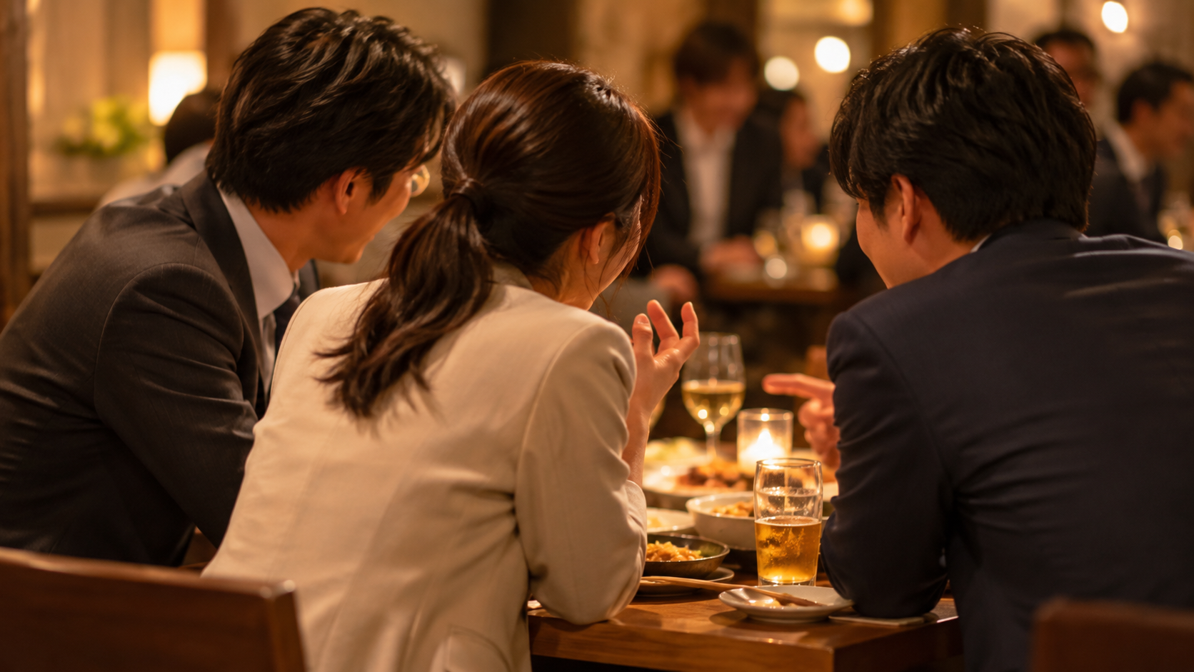 送別会で主役と話す参加者