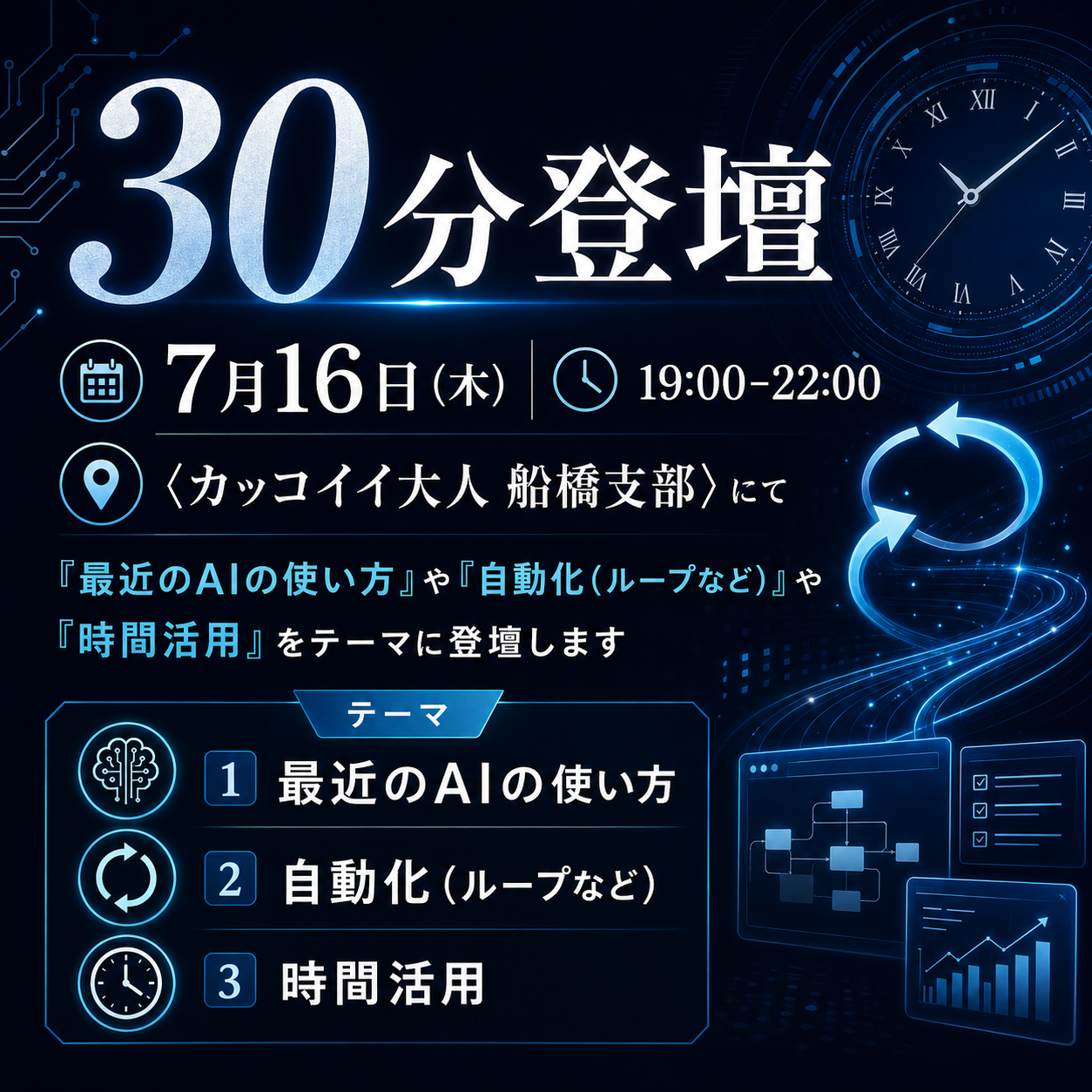 2026年7月16日に「カッコイイ大人 船橋支部」で「忙しくても仕事が止まらない、AIと自動化の使い方」について登壇します 