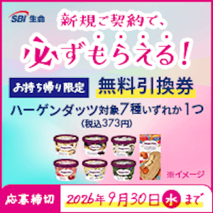 SBI生命の対象商品に新規ご契約で「【お持ち帰り限定】ハーゲンダッツ対象7種いずれか1つ(税込373円)無料引換券」がもらえる!