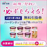 SBI生命の対象商品に新規ご契約で「【お持ち帰り限定】ハーゲンダッツ対象7種いずれか1つ(税込373円)無料引換券」がもらえる！