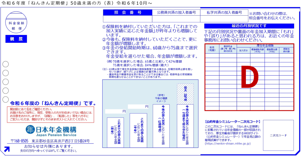 令和6年度「ねんきん定期便」50歳未満の方（表）令和6年10月～