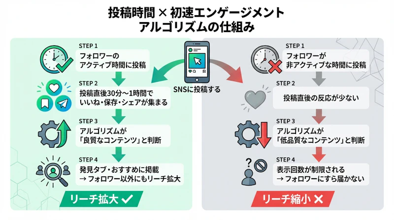 SNS投稿直後の初速エンゲージメントがアルゴリズムを通じてフォロワー以外へのリーチ拡大につながる仕組みを示したフロー図