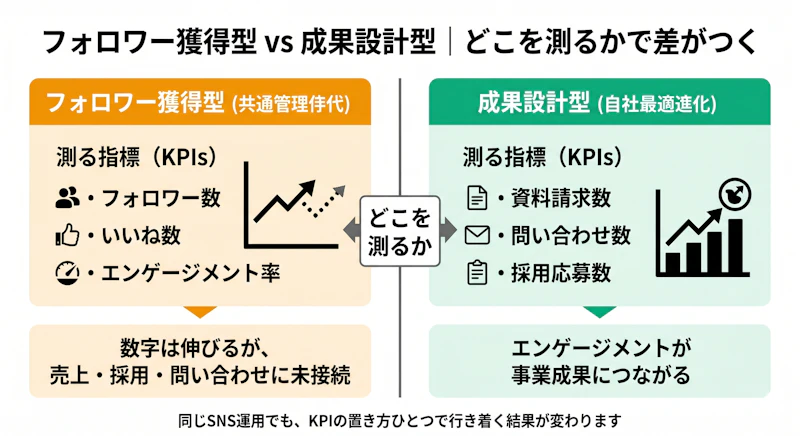 フォロワー獲得型と成果設計型のSNS運用を比較した図。測る指標の違いが成果の差を生むことを示す