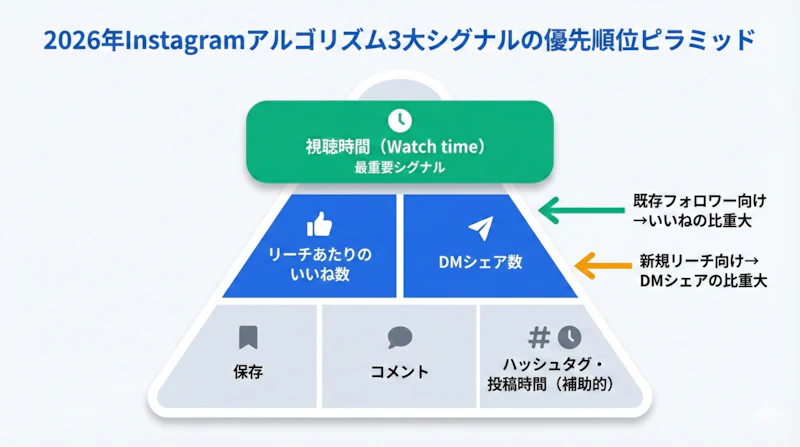 2026年Instagramアルゴリズムの3大ランキングシグナルを優先度順にピラミッド図で解説。視聴時間が最重要、次にいいね数とDMシェア数。