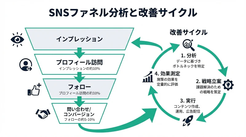 SNS運用におけるインプレッションからフォローまでの歩留まり指標と、現状と目標を対比してボトルネックを改善するサイクルを示したファネル図