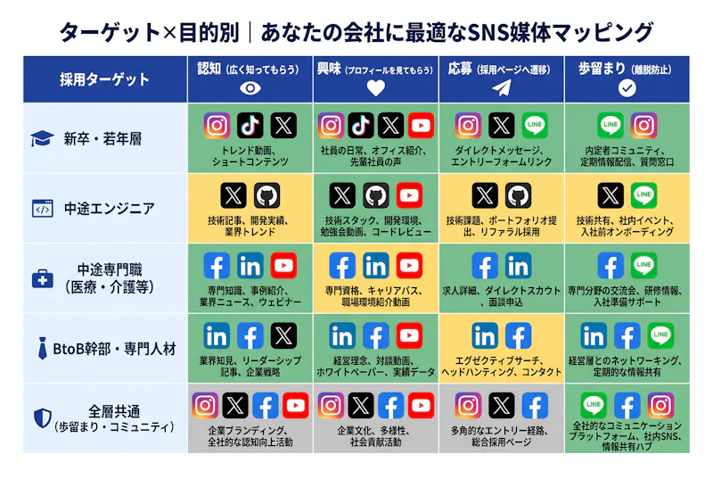 採用ターゲットと目的別のSNS媒体選び方マトリクス