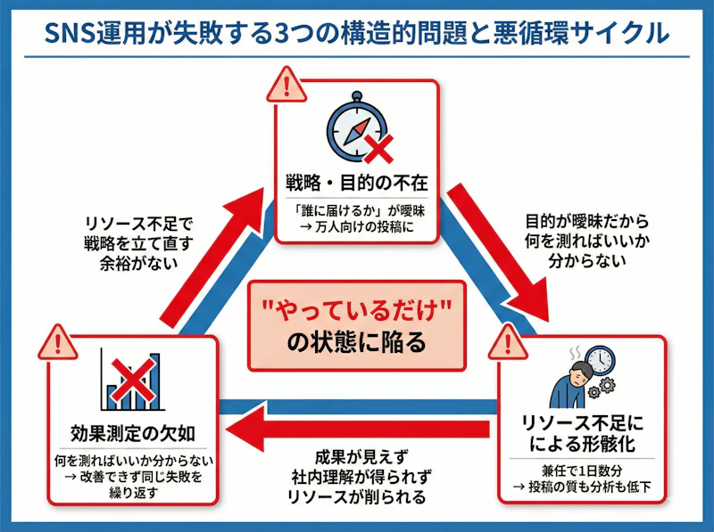 企業のSNS運用が失敗する3つの構造的問題(戦略不在・リソース不足・効果測定の欠如)が互いに連鎖して悪循環を生む構造を示した図解