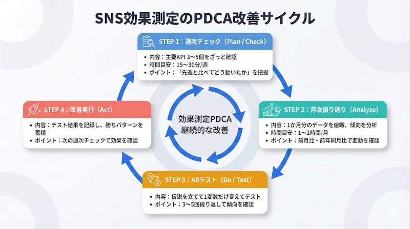SNS効果測定のPDCA改善サイクルを示す循環フロー図。週次チェック・月次振り返り・ABテスト・改善実行の4ステップが時計回りに循環し各ステップの所要時間と要点を記載