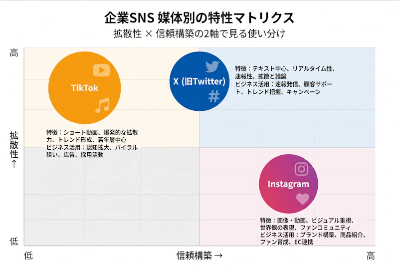 Instagram・X・TikTokの企業SNSにおける拡散性と信頼構築を2軸で比較したマトリクス図