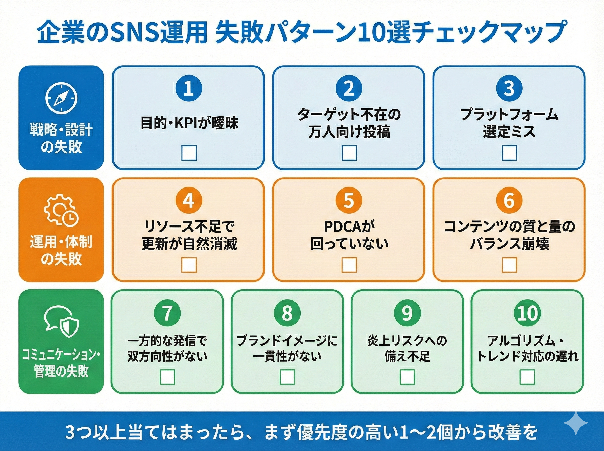企業のSNS運用でよくある失敗パターン10個を戦略系・運用系・コミュニケーション系の3カテゴリに分類したチェックマップ