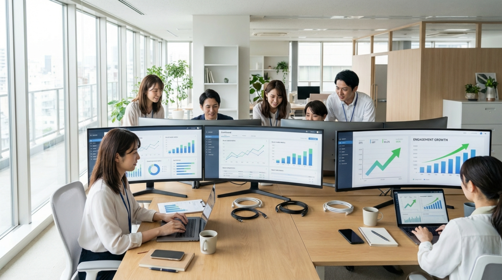 SNS運用の内製化を検討する企業のオフィス風景