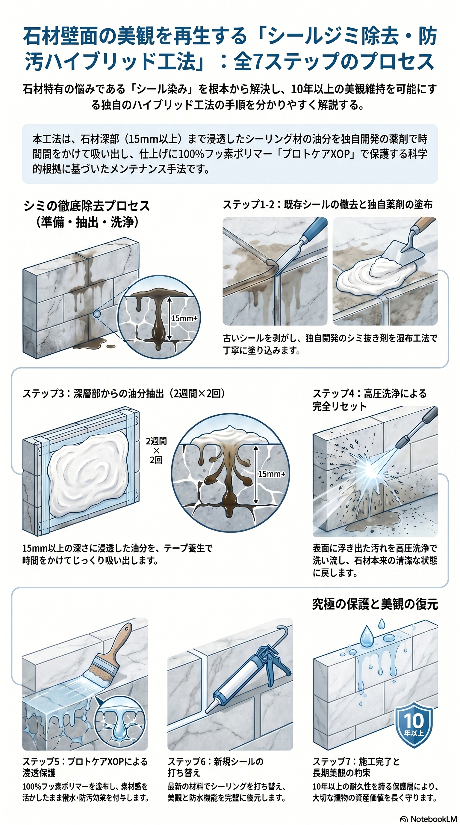 図解説明:しみ抜き及びプロトケアXOPコーティング施工プロセス