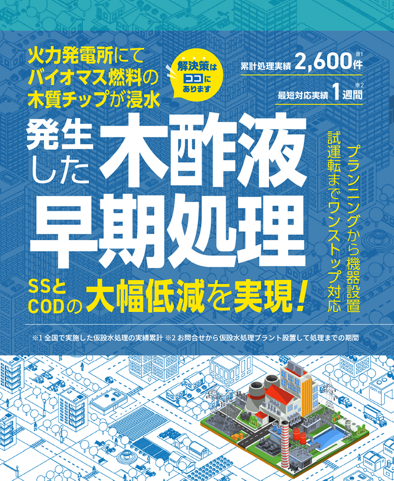火力発電所にてバイオマス燃料の木質チップが浸水 発生した木酢液の早期処理 SSとCODの大幅低減を実現！