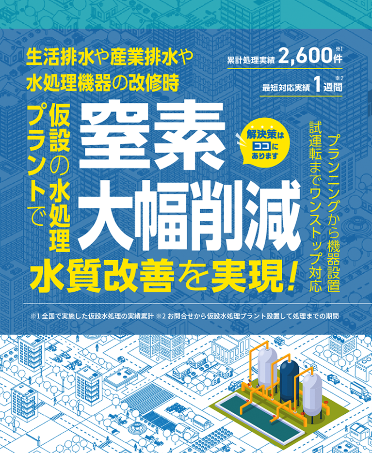 生活排水や産業排水や水処理機器の改修時、窒素大幅削減　仮設の水処理プラントで 水質改善を実現！