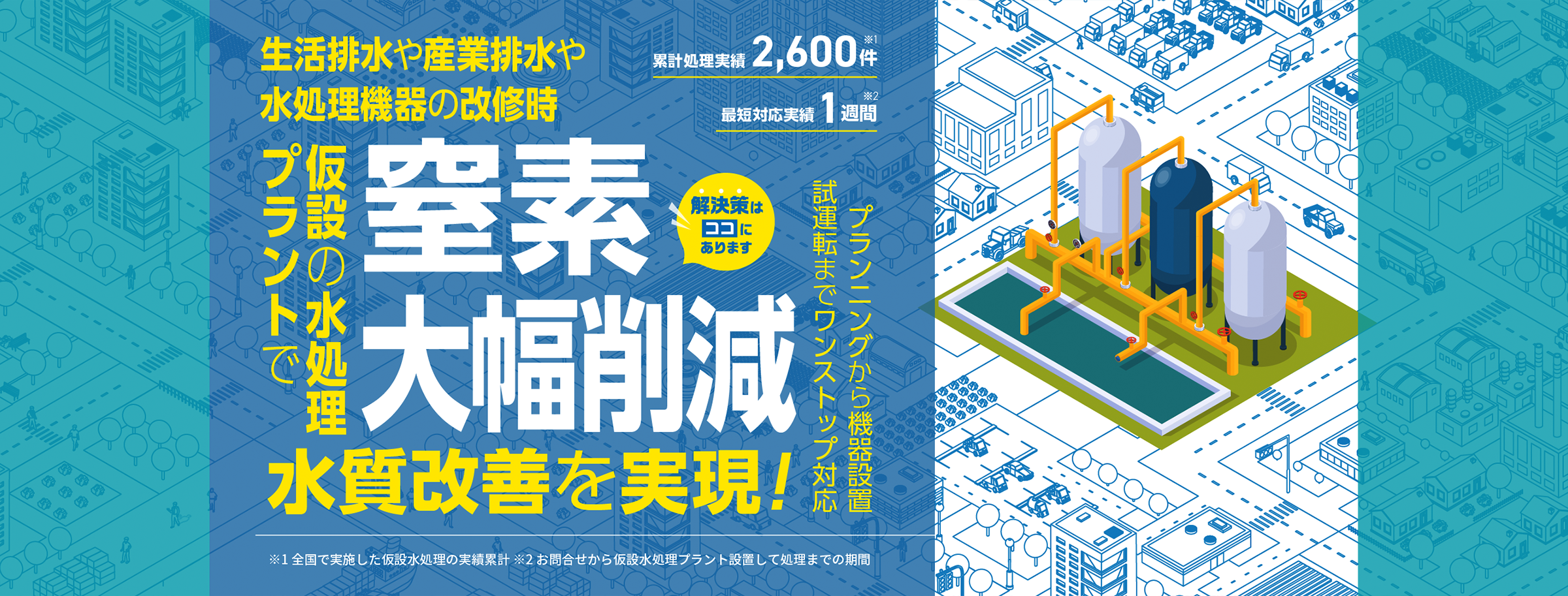 生活排水や産業排水や水処理機器の改修時、窒素大幅削減　仮設の水処理プラントで 水質改善を実現！