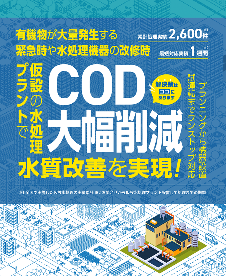 有機物が大量発生する緊急時や水処理機器の改修時、COD大幅削減　仮設の水処理プラントで 水質改善を実現！