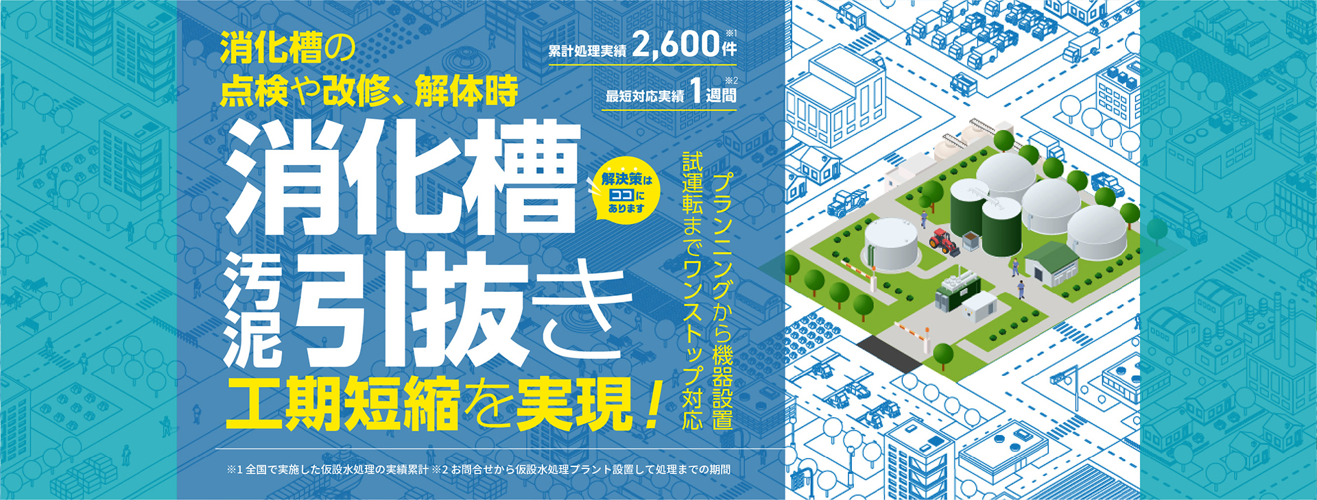 消化槽の点検や改修、解体時仮設の水処理プラントで工期短縮を実現！消化槽汚泥引き抜き　プランニングから機器設置 試運転までワンストップ対応 累計処理実績2600件 最短対応実績1週間