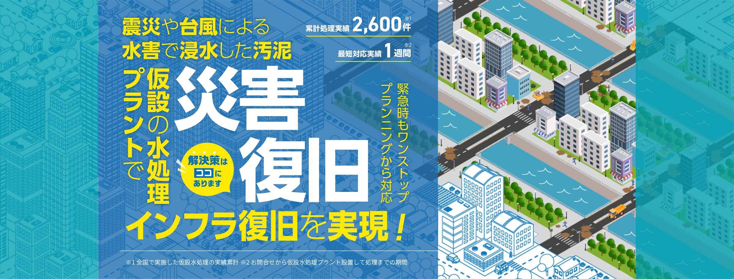 震災や台風による水害で発生した汚泥 仮設の水処理プラントでインフラ復旧を実現！災害復旧 緊急対応もワンストップ対応 累計処理実績2600件 最短対応実績1週間