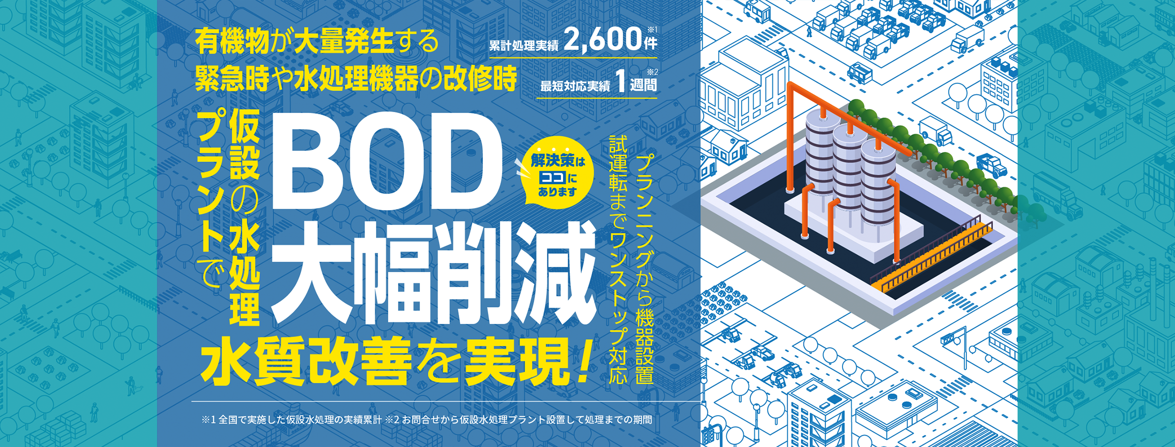 有機物が大量発生する緊急時や水処理機器の改修時、BOD大幅削減　仮設の水処理プラントで 水質改善を実現！