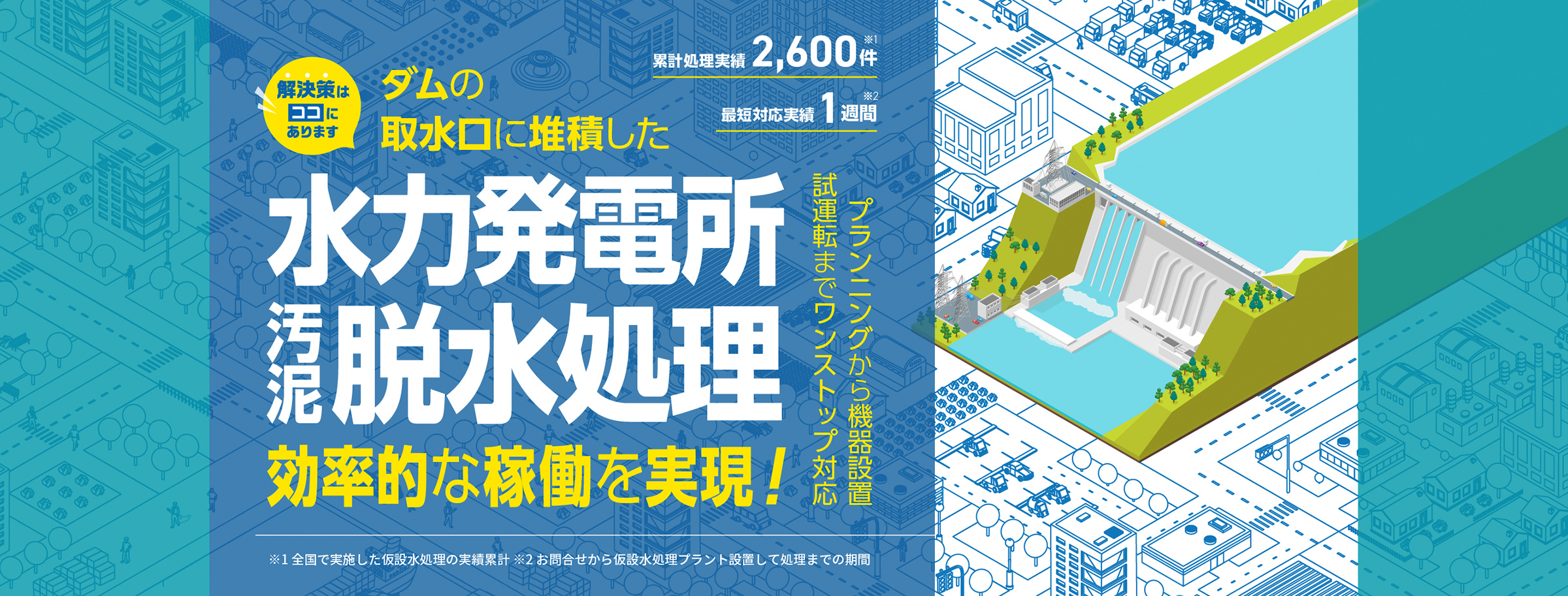 ダムの取水口に堆積した水力発電所の汚泥脱水処理で効率的な稼働を実現！