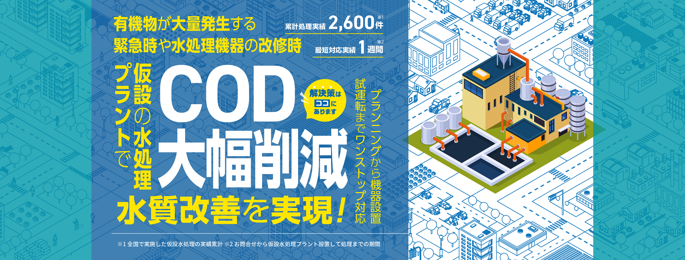 有機物が大量発生する緊急時や水処理機器の改修時、COD大幅削減　仮設の水処理プラントで 水質改善を実現！