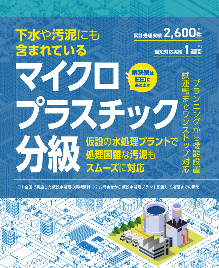 下水や汚泥にも含まれているマイクロプラスチック 分級　仮設の水処理プラントで 処理困難な汚泥もスムーズに対応