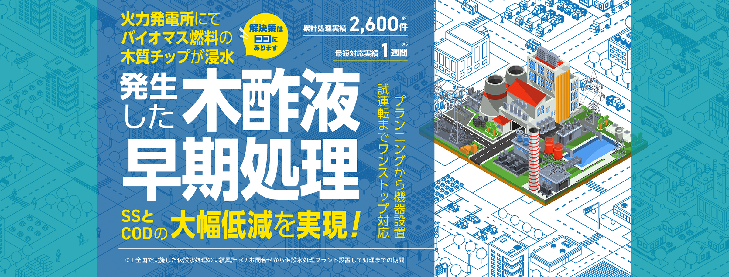 火力発電所にてバイオマス燃料の木質チップが浸水 発生した木酢液の早期処理 SSとCODの大幅低減を実現！